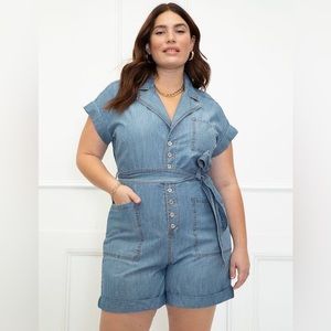 New never worn with tags denim Eloquii elements romper with button up detail.